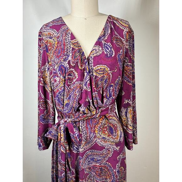 Lauren Ralph Lauren Paisley Surplice Jersey Dress XL Stretchy Faux Wrap Tie Belt - Picture 2 of 12